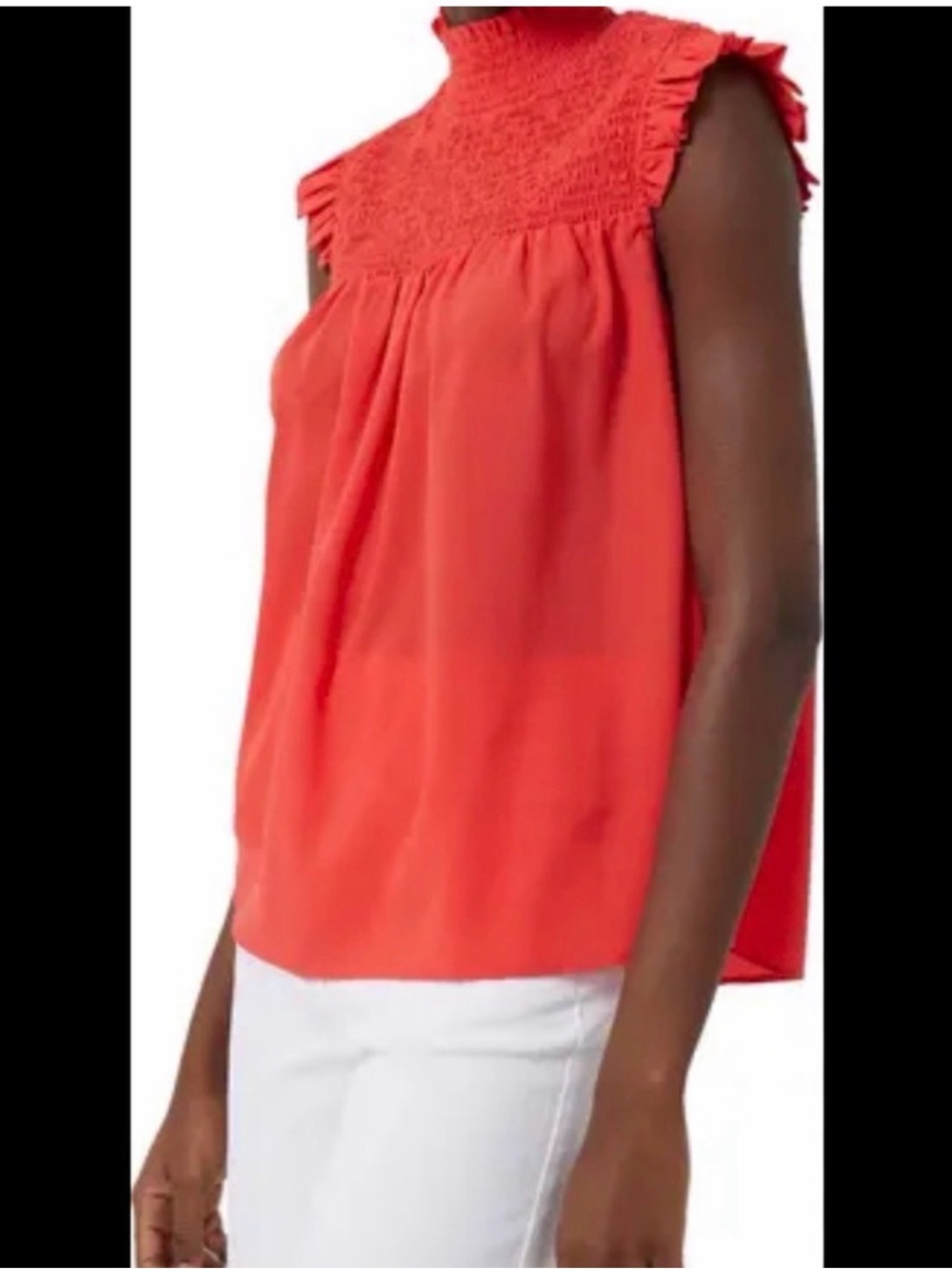 French Connection Boza Smocked Sleeveless Coral Ruffle Blouse